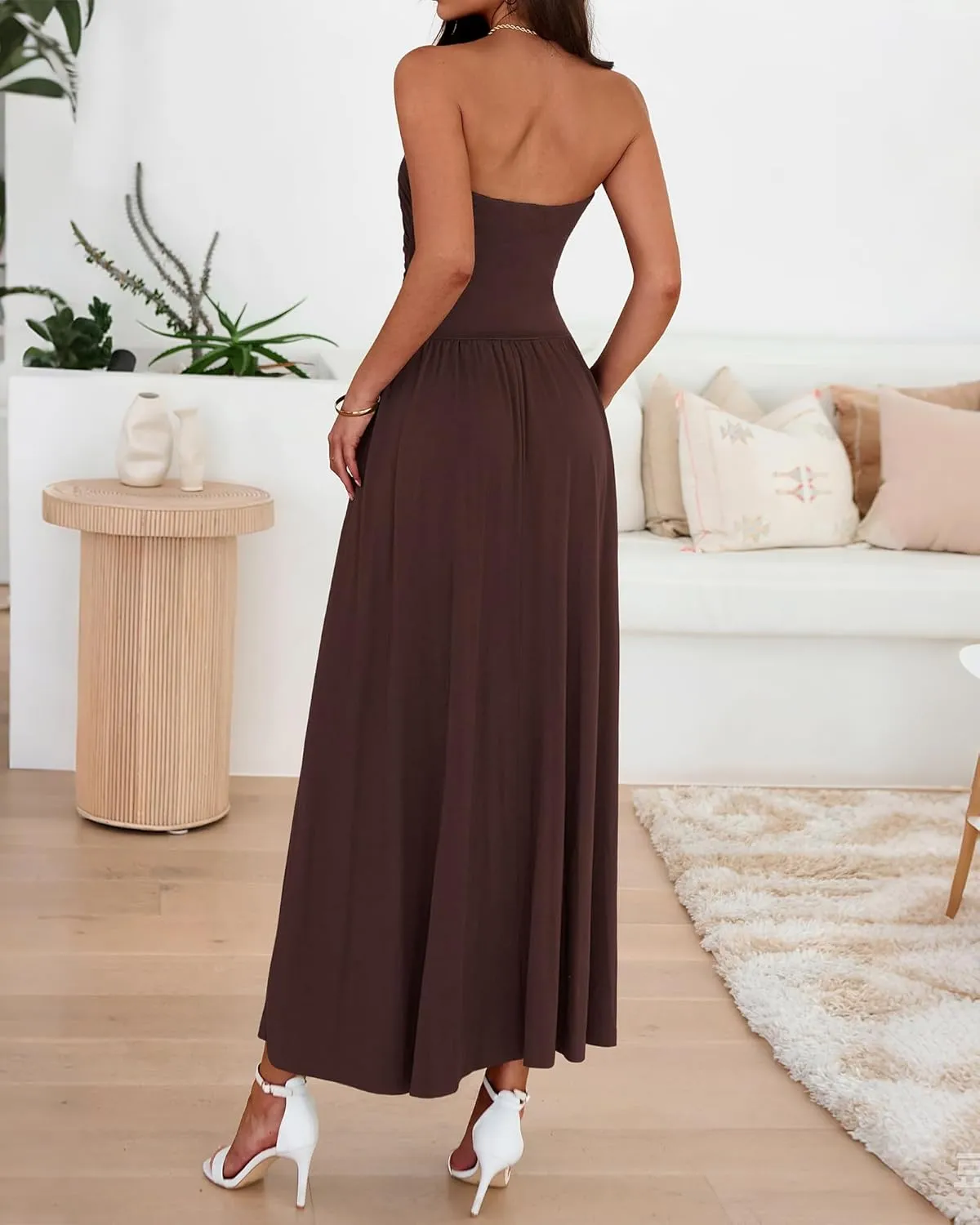 BTFBM Summer Maxi Dresses for Women 2025 Strapless Ruched Tube Top Flowy Beach Vacation Wedding Guest Dress Pockets
