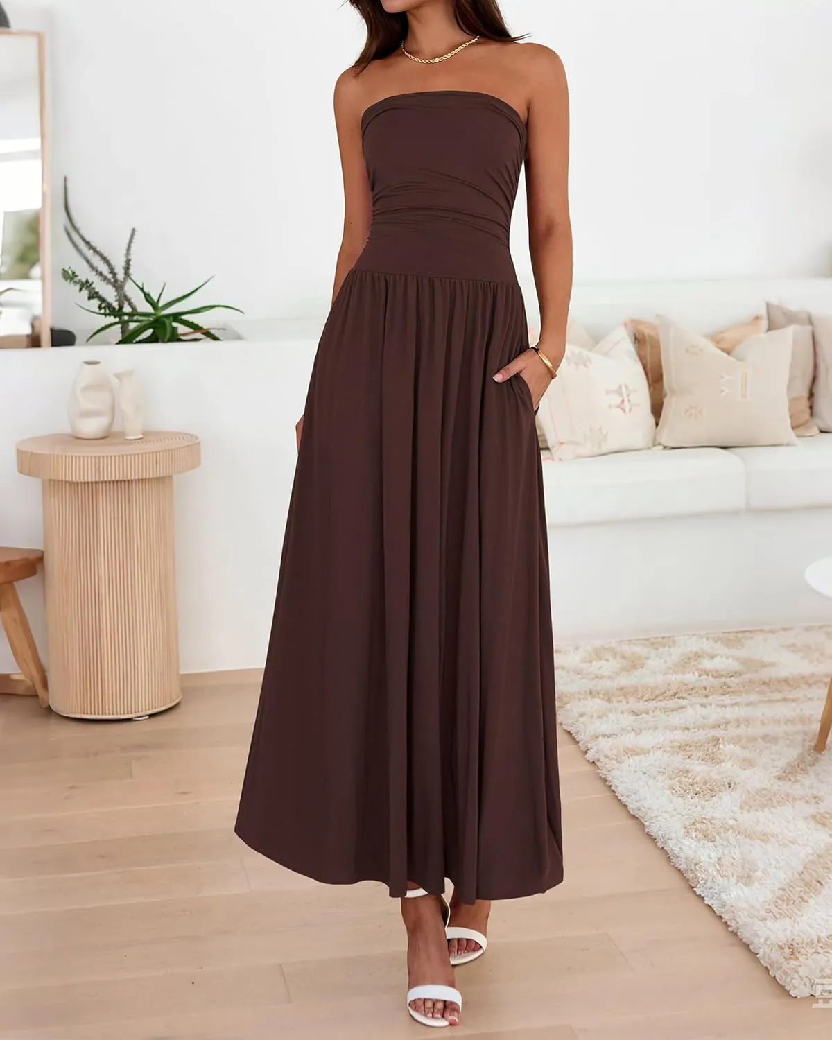 BTFBM Summer Maxi Dresses for Women 2025 Strapless Ruched Tube Top Flowy Beach Vacation Wedding Guest Dress Pockets