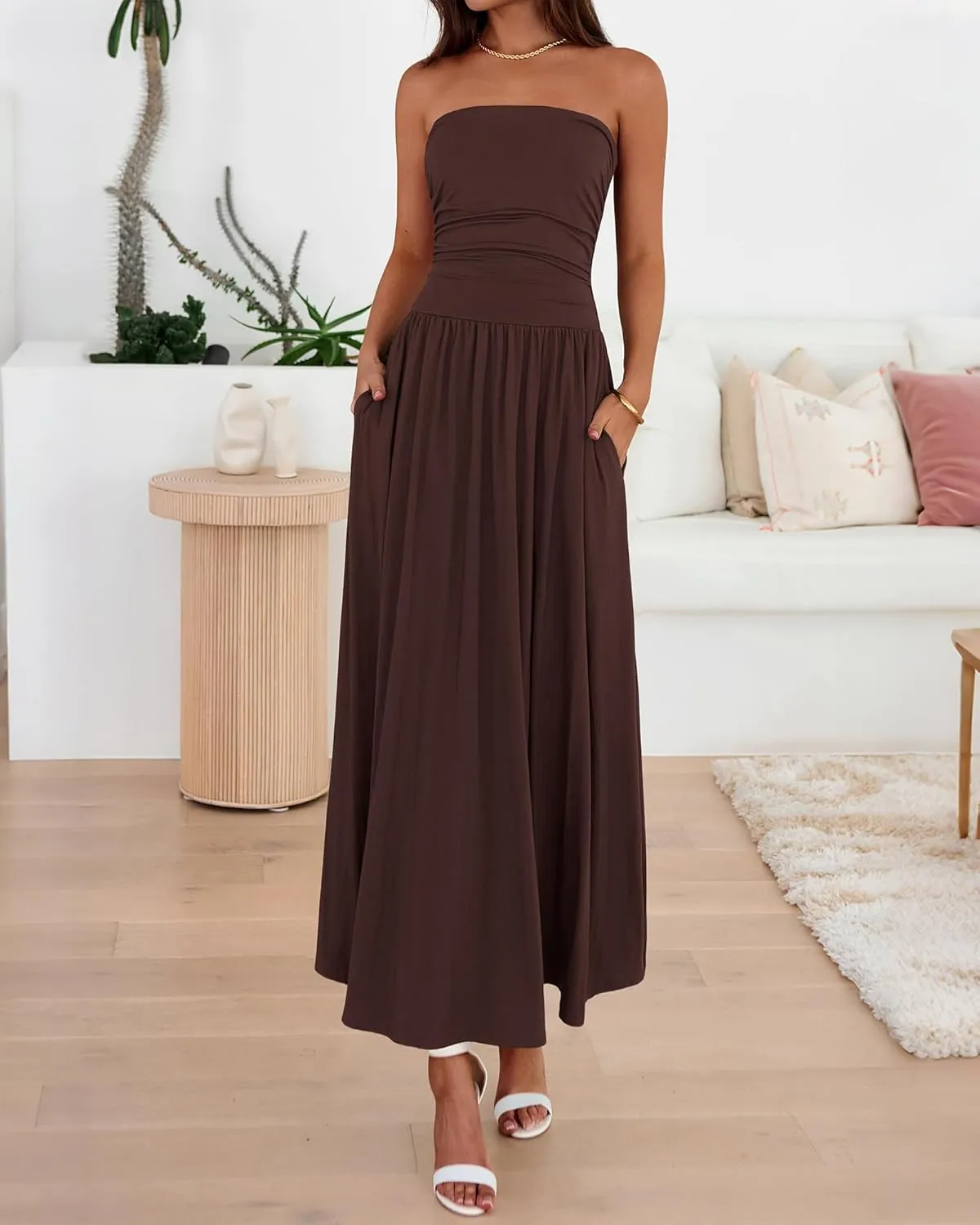 BTFBM Summer Maxi Dresses for Women 2025 Strapless Ruched Tube Top Flowy Beach Vacation Wedding Guest Dress Pockets