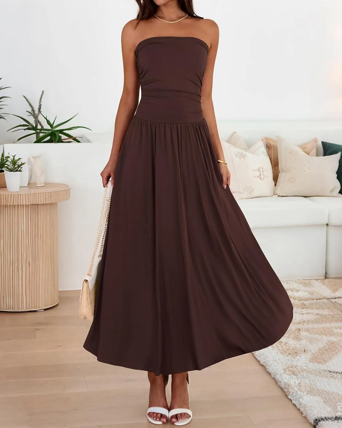 BTFBM Summer Maxi Dresses for Women 2025 Strapless Ruched Tube Top Flowy Beach Vacation Wedding Guest Dress Pockets