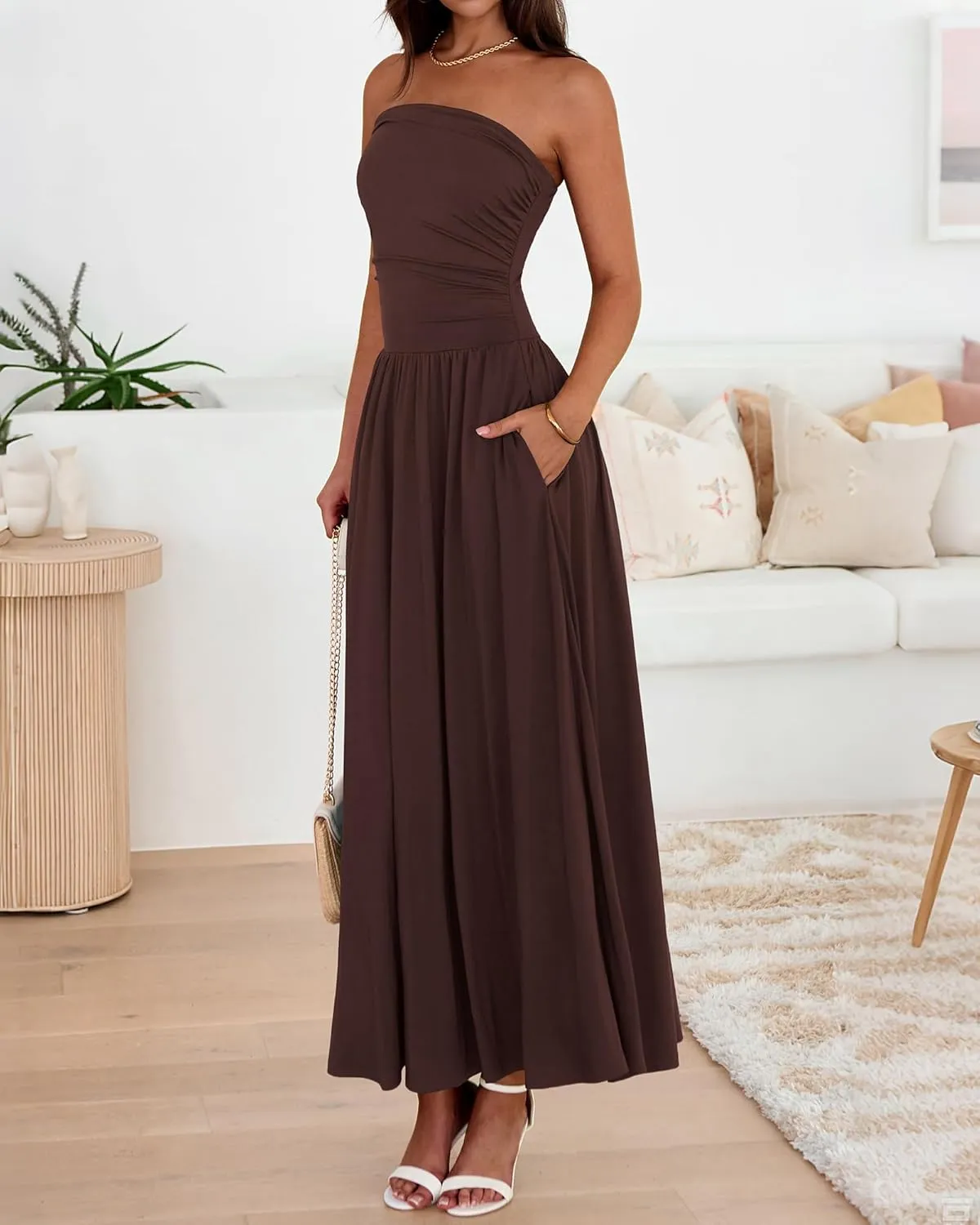 BTFBM Summer Maxi Dresses for Women 2025 Strapless Ruched Tube Top Flowy Beach Vacation Wedding Guest Dress Pockets