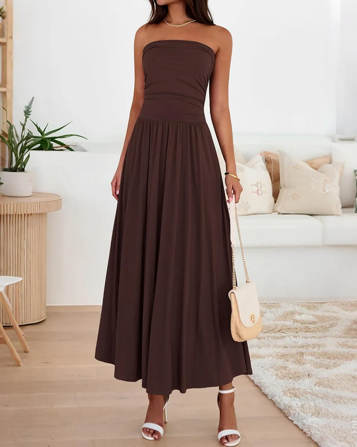BTFBM Summer Maxi Dresses for Women 2025 Strapless Ruched Tube Top Flowy Beach Vacation Wedding Guest Dress Pockets