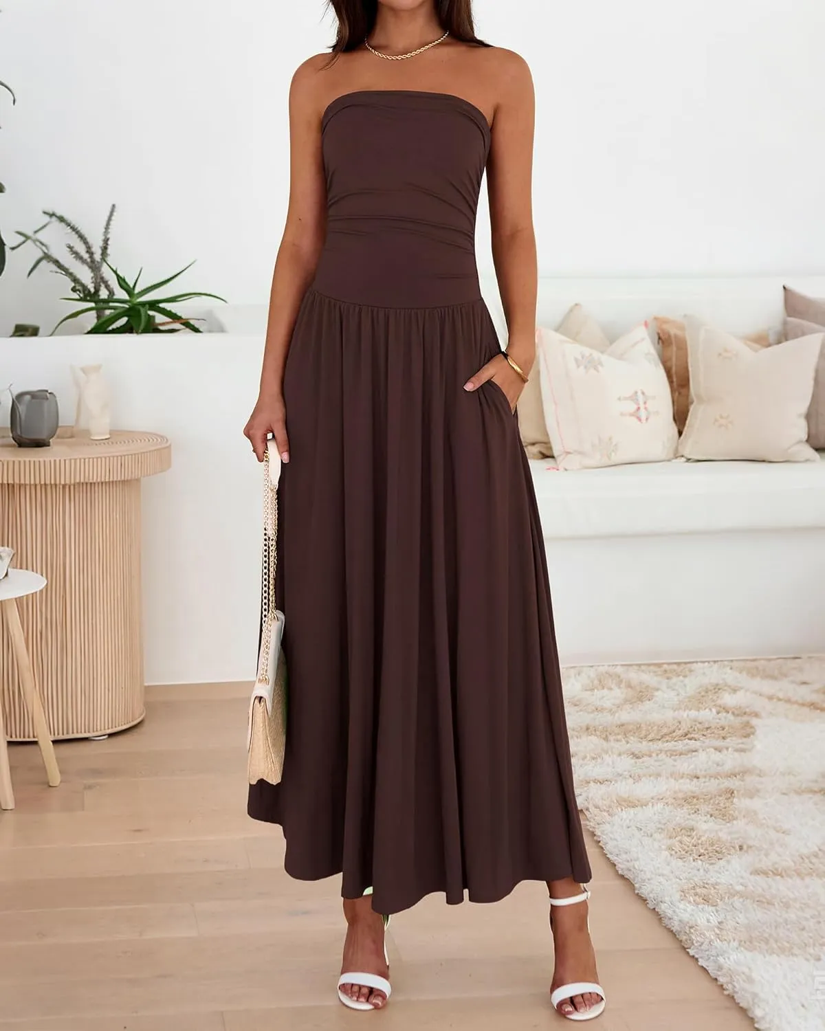 BTFBM Summer Maxi Dresses for Women 2025 Strapless Ruched Tube Top Flowy Beach Vacation Wedding Guest Dress Pockets