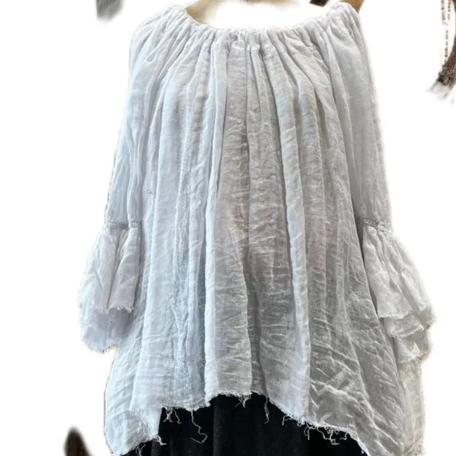 Button Back Blouse (Linen Gauze) - Denim blue