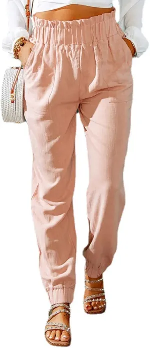 Canbebig Women's Elastic High Waist Cotton Linen Pants Solid Ruffled Long Palazzo Pants Casual Loose Trousers with Pockets