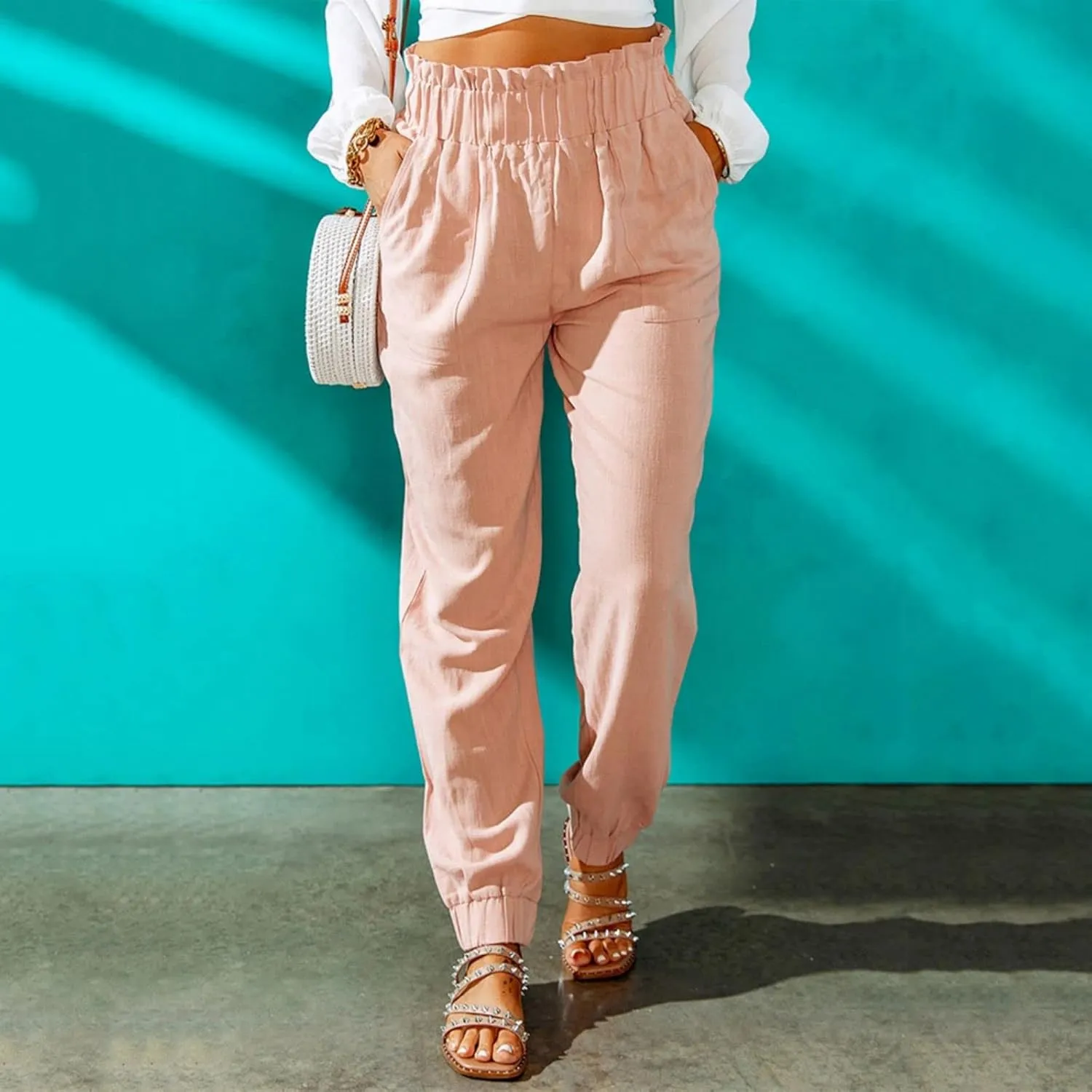 Canbebig Women's Elastic High Waist Cotton Linen Pants Solid Ruffled Long Palazzo Pants Casual Loose Trousers with Pockets