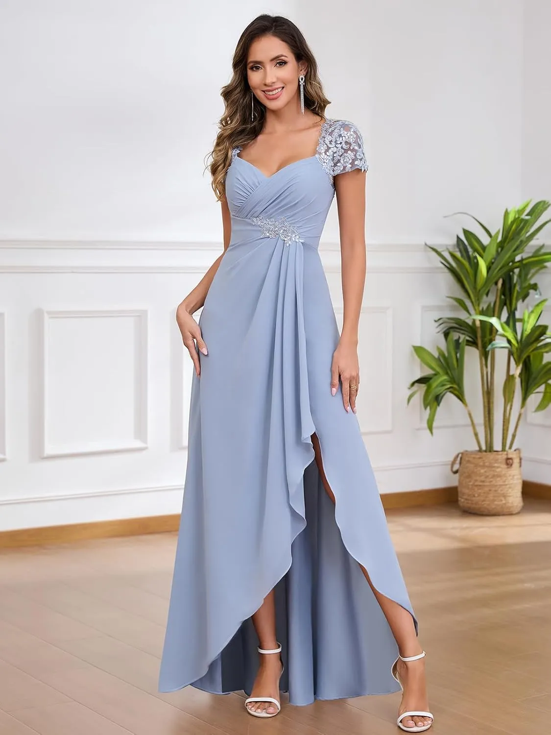 Cap Sleeve Chiffon Mother of The Bride Dresses for Women Sweetheat Lace Long Evening Formal Dress with Ruffles