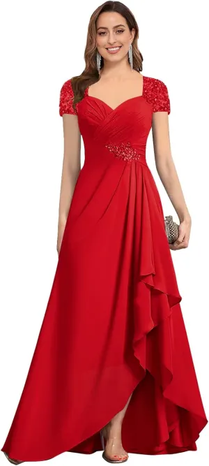 Cap Sleeve Chiffon Mother of The Bride Dresses for Women Sweetheat Lace Long Evening Formal Dress with Ruffles