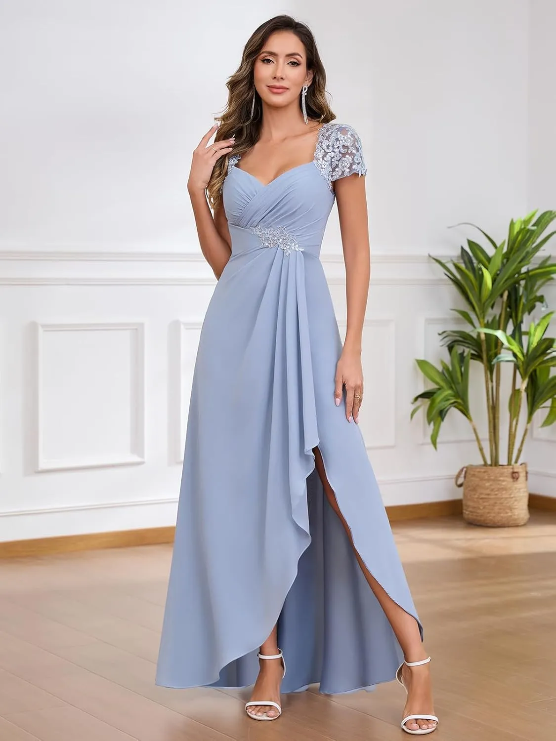 Cap Sleeve Chiffon Mother of The Bride Dresses for Women Sweetheat Lace Long Evening Formal Dress with Ruffles