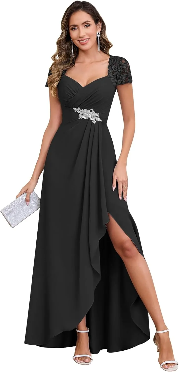 Cap Sleeve Chiffon Mother of The Bride Dresses for Women Sweetheat Lace Long Evening Formal Dress with Ruffles