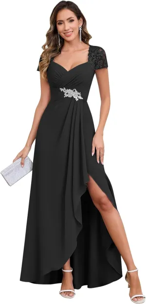 Cap Sleeve Chiffon Mother of The Bride Dresses for Women Sweetheat Lace Long Evening Formal Dress with Ruffles