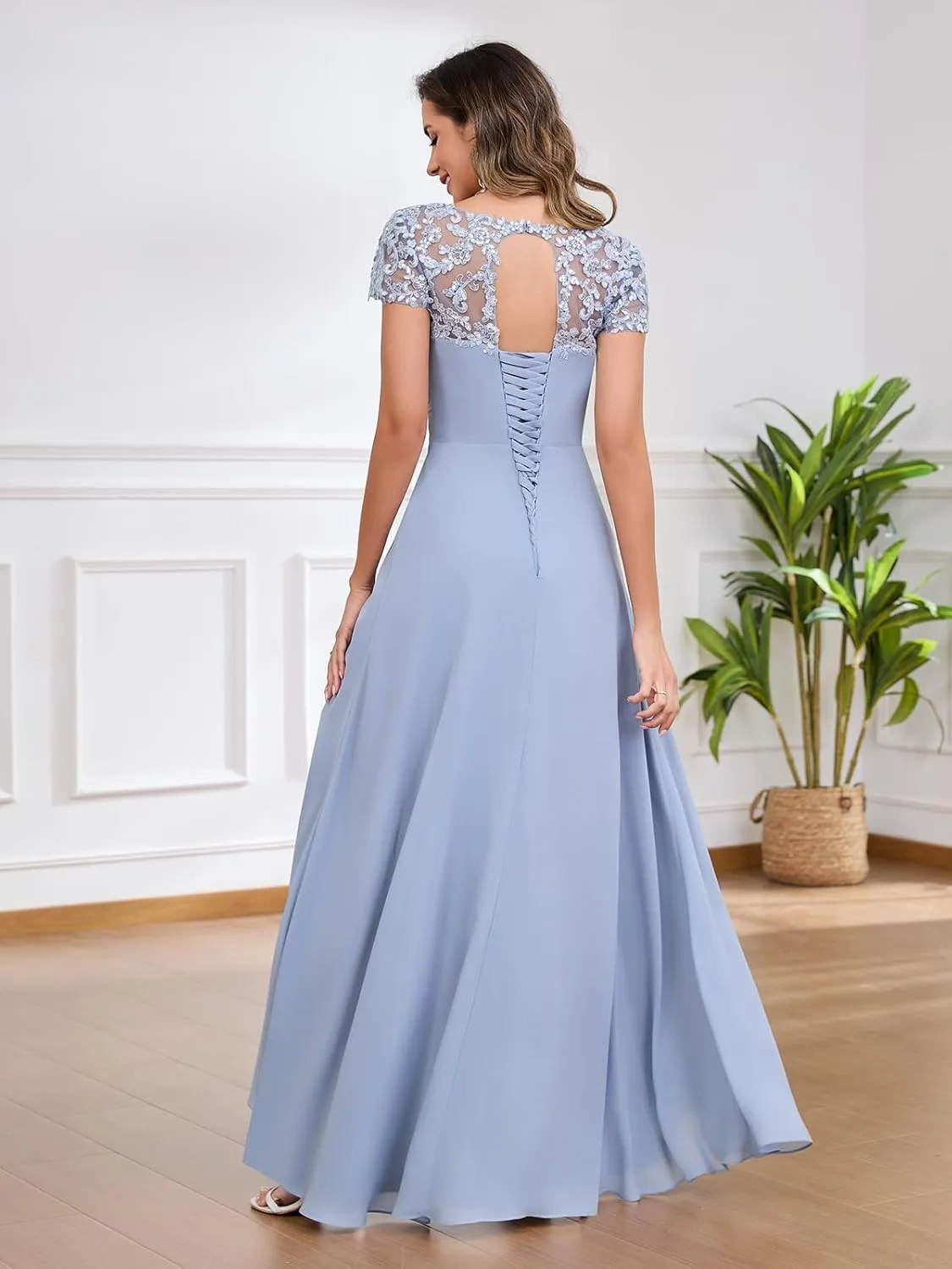 Cap Sleeve Chiffon Mother of The Bride Dresses for Women Sweetheat Lace Long Evening Formal Dress with Ruffles