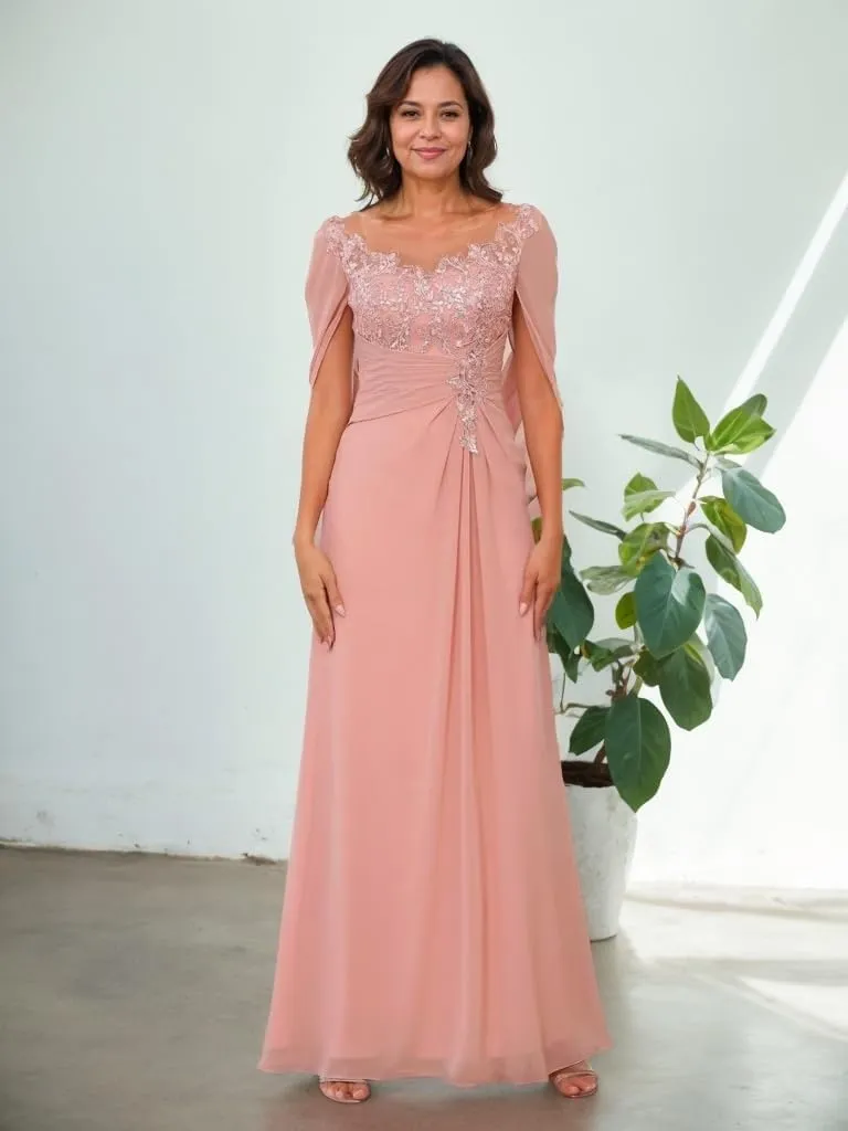 Cape Scoop Neck Mother of The Bride Dresses for Women Lace Appliques Chiffon Formal Evening Gown with Fake Sleeves