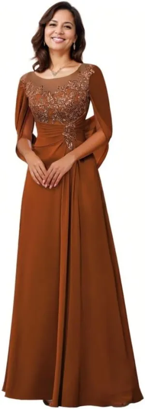 Cape Scoop Neck Mother of The Bride Dresses for Women Lace Appliques Chiffon Formal Evening Gown with Fake Sleeves
