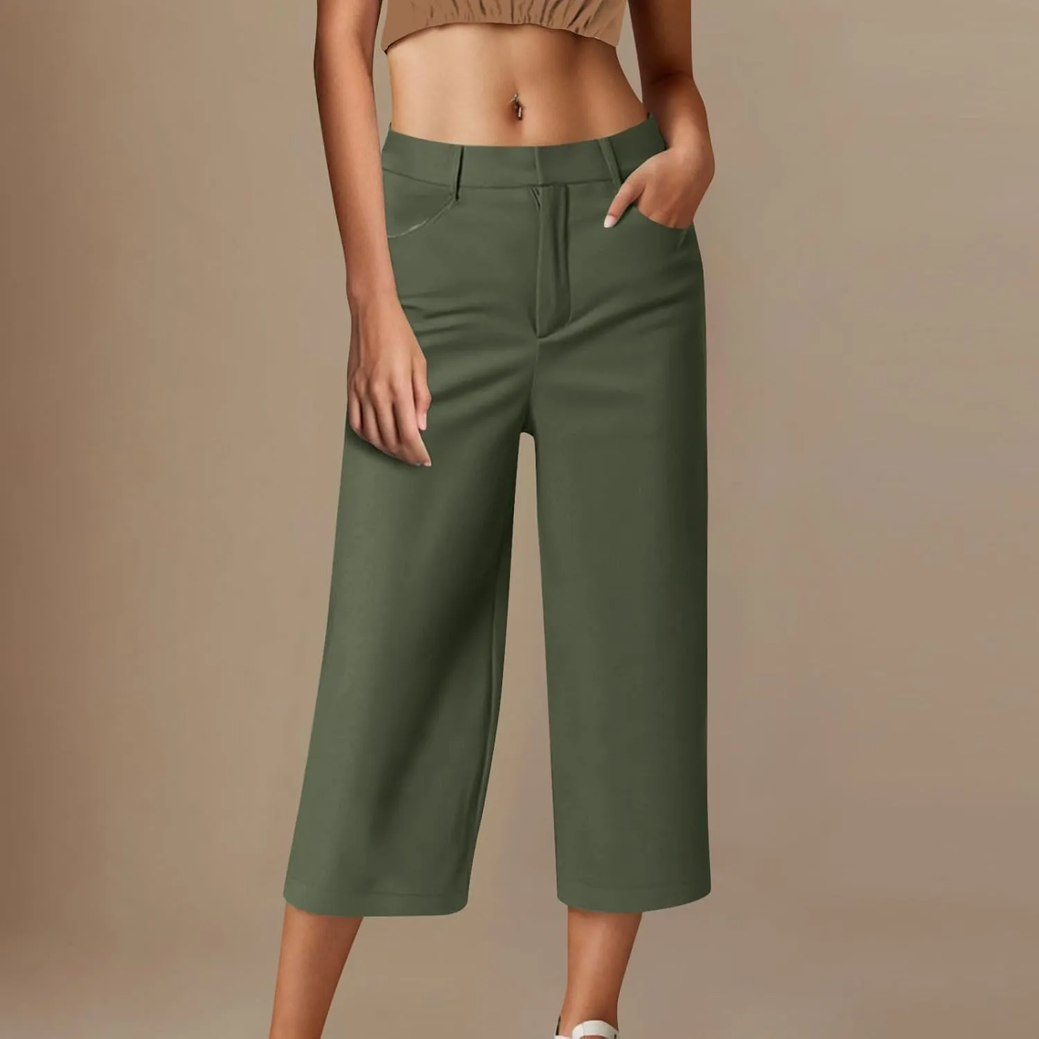Capri Pants for Women Summer Casual Wide Leg Capris Stretch High Waisted Crop Yoga Dress Pants with Pockets