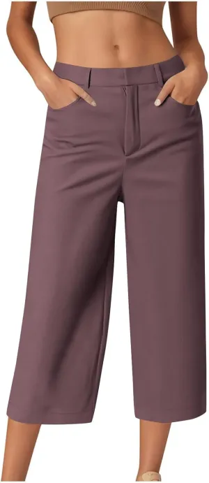 Capri Pants for Women Summer Casual Wide Leg Capris Stretch High Waisted Crop Yoga Dress Pants with Pockets