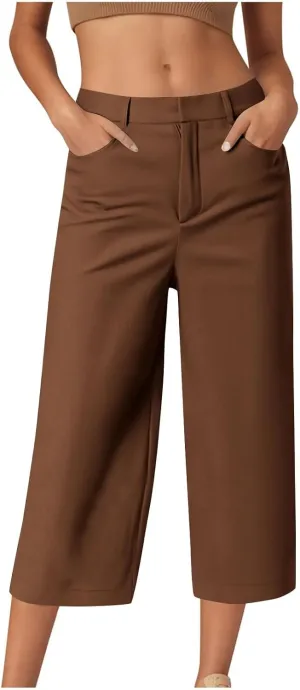 Capri Pants for Women Summer Casual Wide Leg Capris Stretch High Waisted Crop Yoga Dress Pants with Pockets
