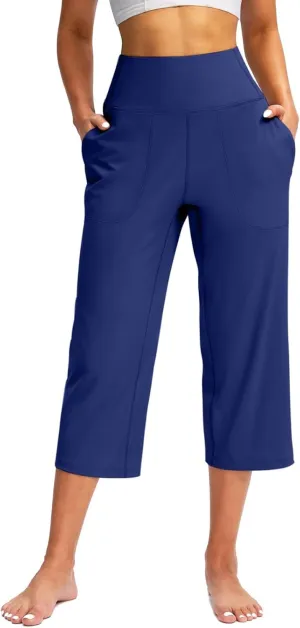 Capri Yoga Pants for Women Stretch High Waisted Wide Leg Pull on Capris Workout Athletic Work Pants with Pockets