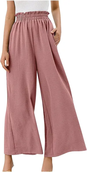 Ceboyel Wide Leg Palazzo Pants for Women High Waist Gaucho Pants Elastic Flowy Culottes Summer Beach Trousers 2023