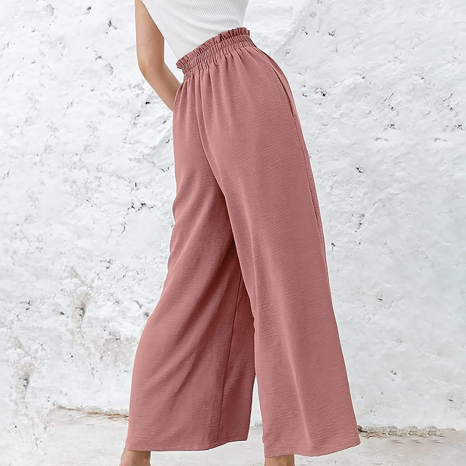 Ceboyel Wide Leg Palazzo Pants for Women High Waist Gaucho Pants Elastic Flowy Culottes Summer Beach Trousers 2023