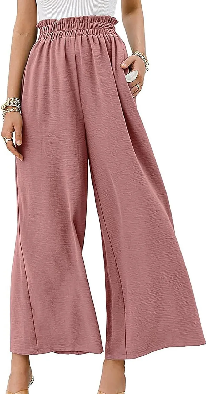 Ceboyel Wide Leg Palazzo Pants for Women High Waist Gaucho Pants Elastic Flowy Culottes Summer Beach Trousers 2023