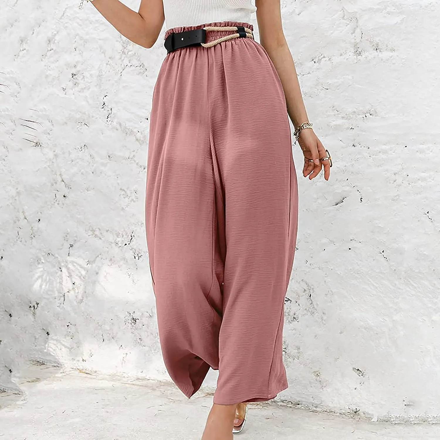 Ceboyel Wide Leg Palazzo Pants for Women High Waist Gaucho Pants Elastic Flowy Culottes Summer Beach Trousers 2023