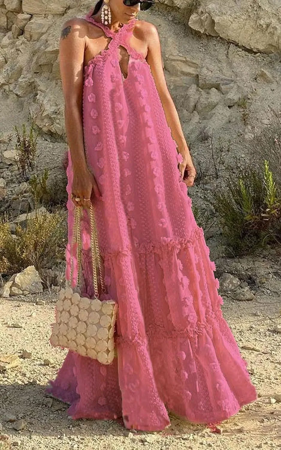 CHARTOU Women's Summer Crossover Halter Neck 3D Posy Floral Tiered Swing Maxi Long Dress