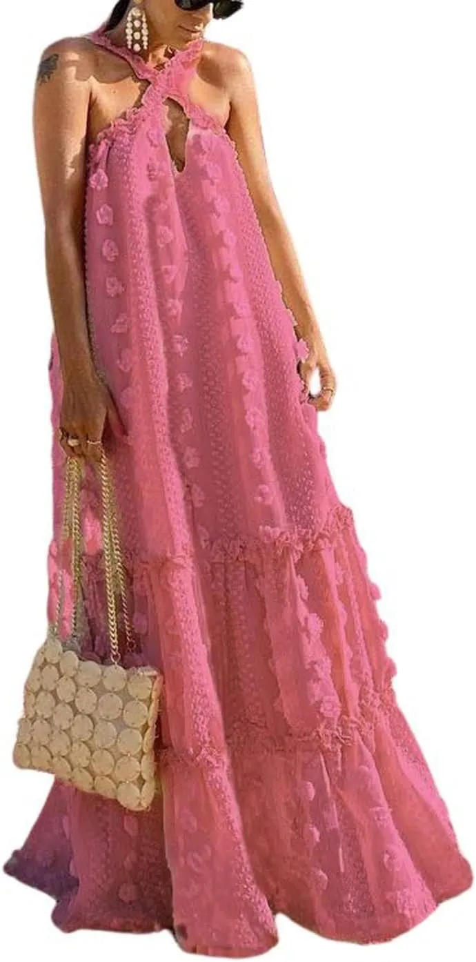 CHARTOU Women's Summer Crossover Halter Neck 3D Posy Floral Tiered Swing Maxi Long Dress