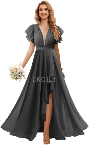 Chiffon Bridesmaids Dresses with Sleeves Long Women Ruffle V Neck Formal Dress with Slit