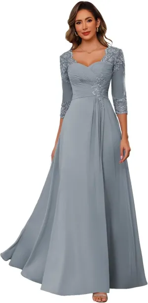 Chiffon Mother of Bride Dresses 2025 Lace Appliques 3/4 Sleeve Formal Dresses A Line Long Evening Prom Dress AU096