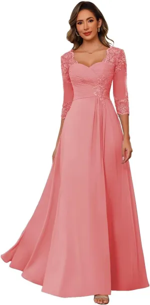 Chiffon Mother of Bride Dresses 2025 Lace Appliques 3/4 Sleeve Formal Dresses A Line Long Evening Prom Dress AU096