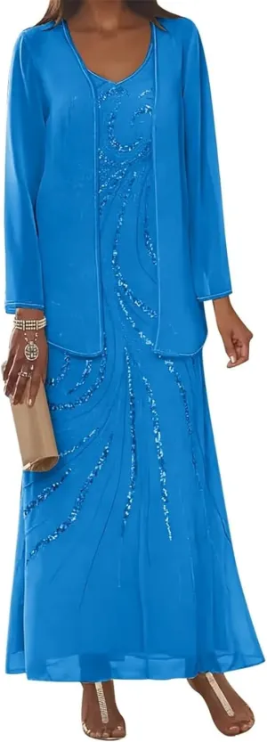 Chiffon Mother of The Bride Dress Sequin 2025 Long Wedding Guest Dresses with Jacket