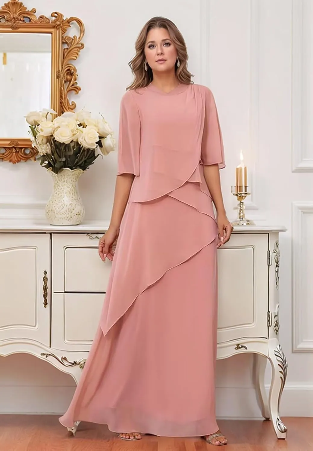 Chiffon Mother of The Bride Dresses 2025 Long Ruffle Tiered Short Sleeves Formal Evening Party Gowns for Women