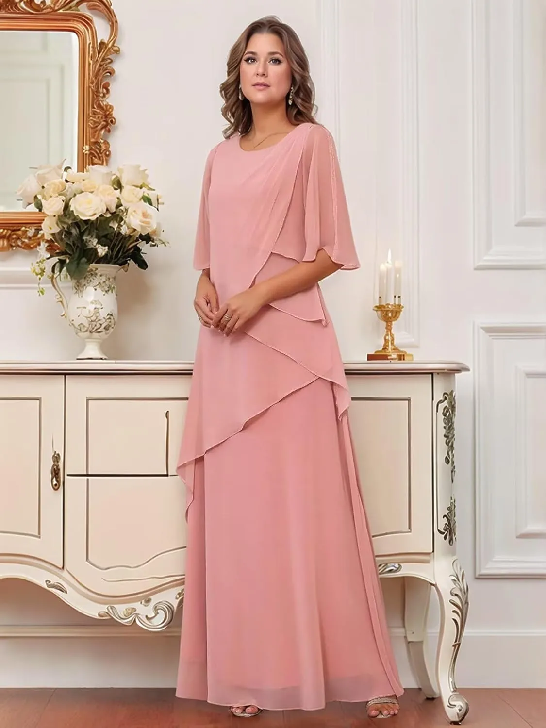 Chiffon Mother of The Bride Dresses 2025 Long Ruffle Tiered Short Sleeves Formal Evening Party Gowns for Women