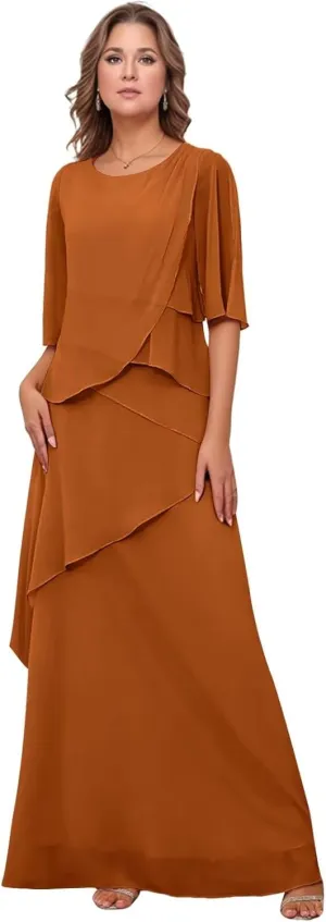 Chiffon Mother of The Bride Dresses 2025 Long Ruffle Tiered Short Sleeves Formal Evening Party Gowns for Women