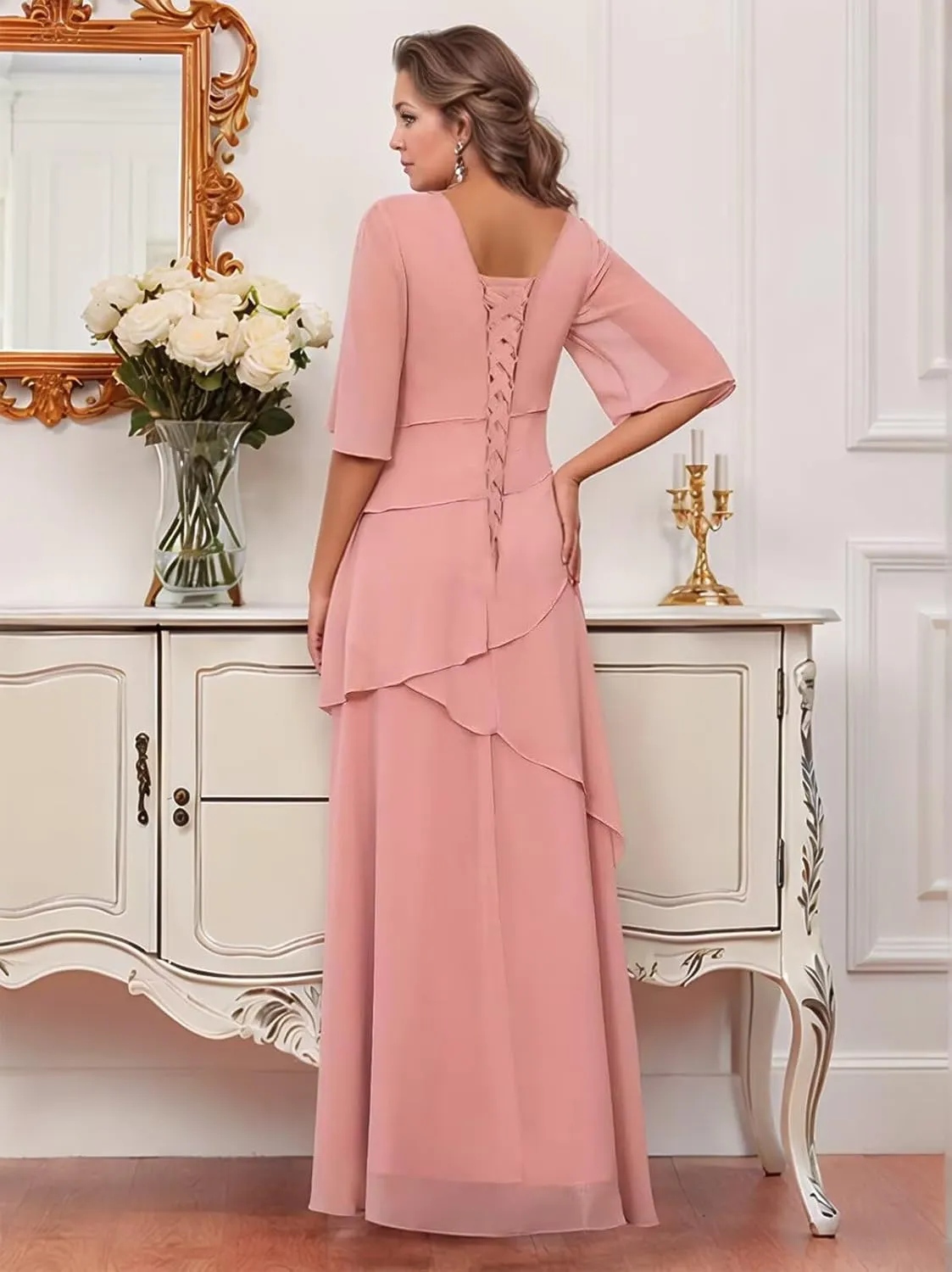 Chiffon Mother of The Bride Dresses 2025 Long Ruffle Tiered Short Sleeves Formal Evening Party Gowns for Women