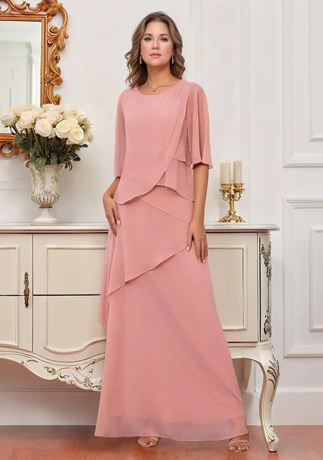 Chiffon Mother of The Bride Dresses 2025 Long Ruffle Tiered Short Sleeves Formal Evening Party Gowns for Women