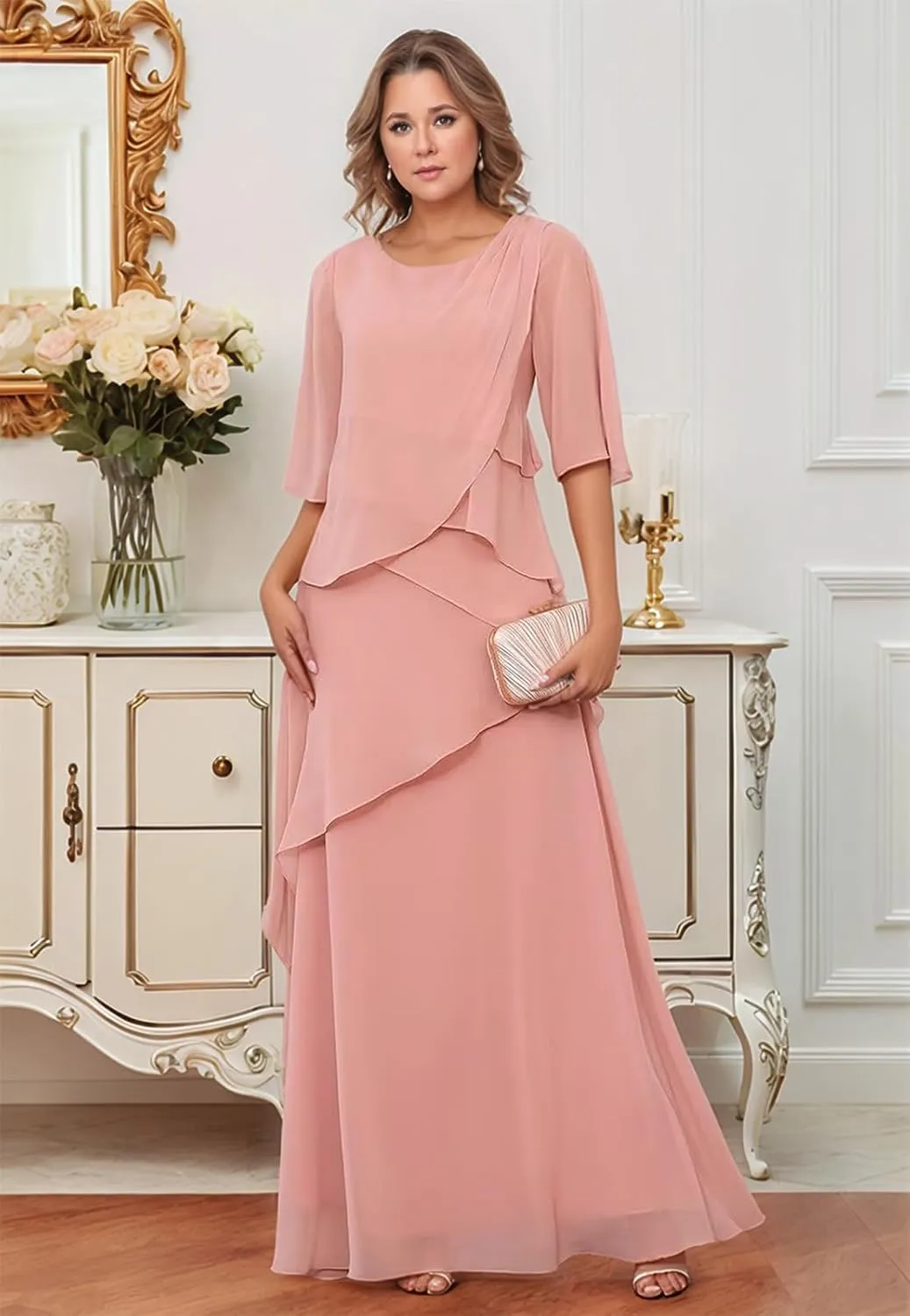 Chiffon Mother of The Bride Dresses 2025 Long Ruffle Tiered Short Sleeves Formal Evening Party Gowns for Women