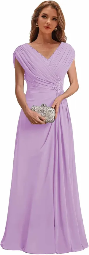 Chiffon Mother of The Bride Dresses with Cap Sleeves for Wedding Beaded Long Formal Dress