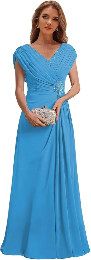 Chiffon Mother of The Bride Dresses with Cap Sleeves for Wedding Beaded Long Formal Dress