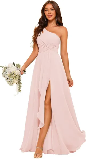 Chiffon One Shoulder Bridesmaid Dress with Pleated Bodice Long A Line Formal Dresses for Women AD004