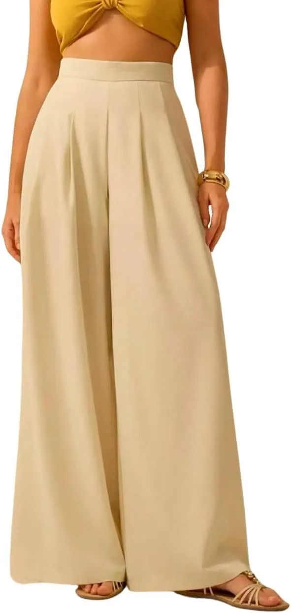 chouyatou Women's Casual Floral Print Wide Leg Beach Palazzo Pants Boho High Elastic Waist Dressy Culottes Trousers