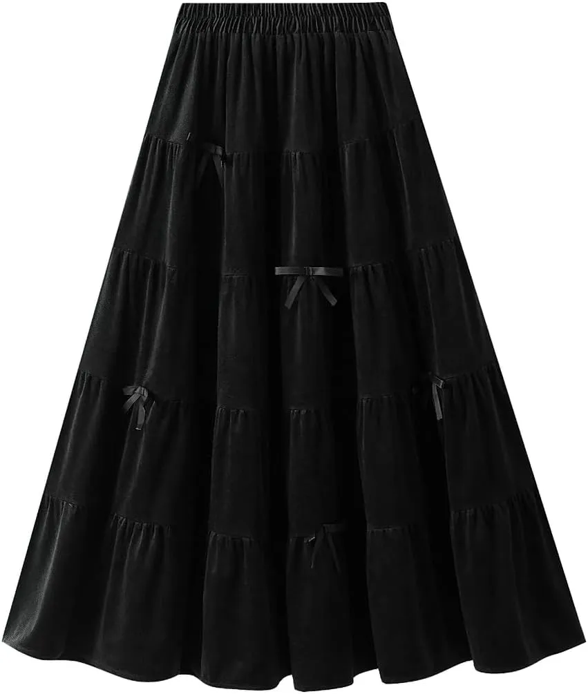 chouyatou Womens Elastic High Waist Velvet Skirt Cute Pleated A Line Flared Midi Tiered Skirt with Bowknot