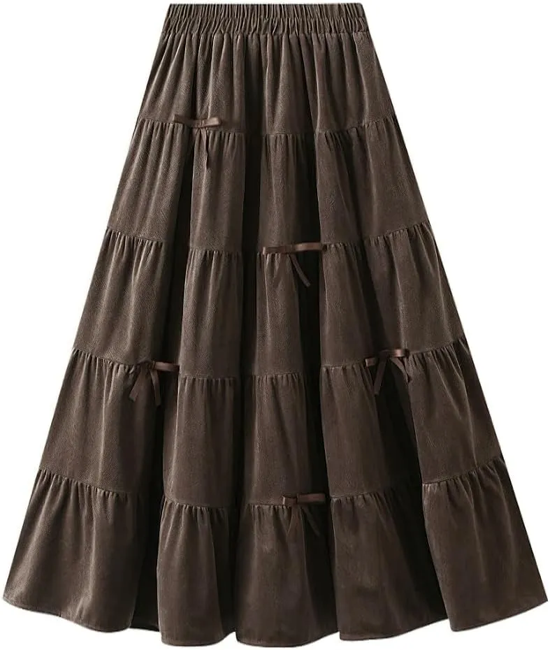 chouyatou Womens Elastic High Waist Velvet Skirt Cute Pleated A Line Flared Midi Tiered Skirt with Bowknot