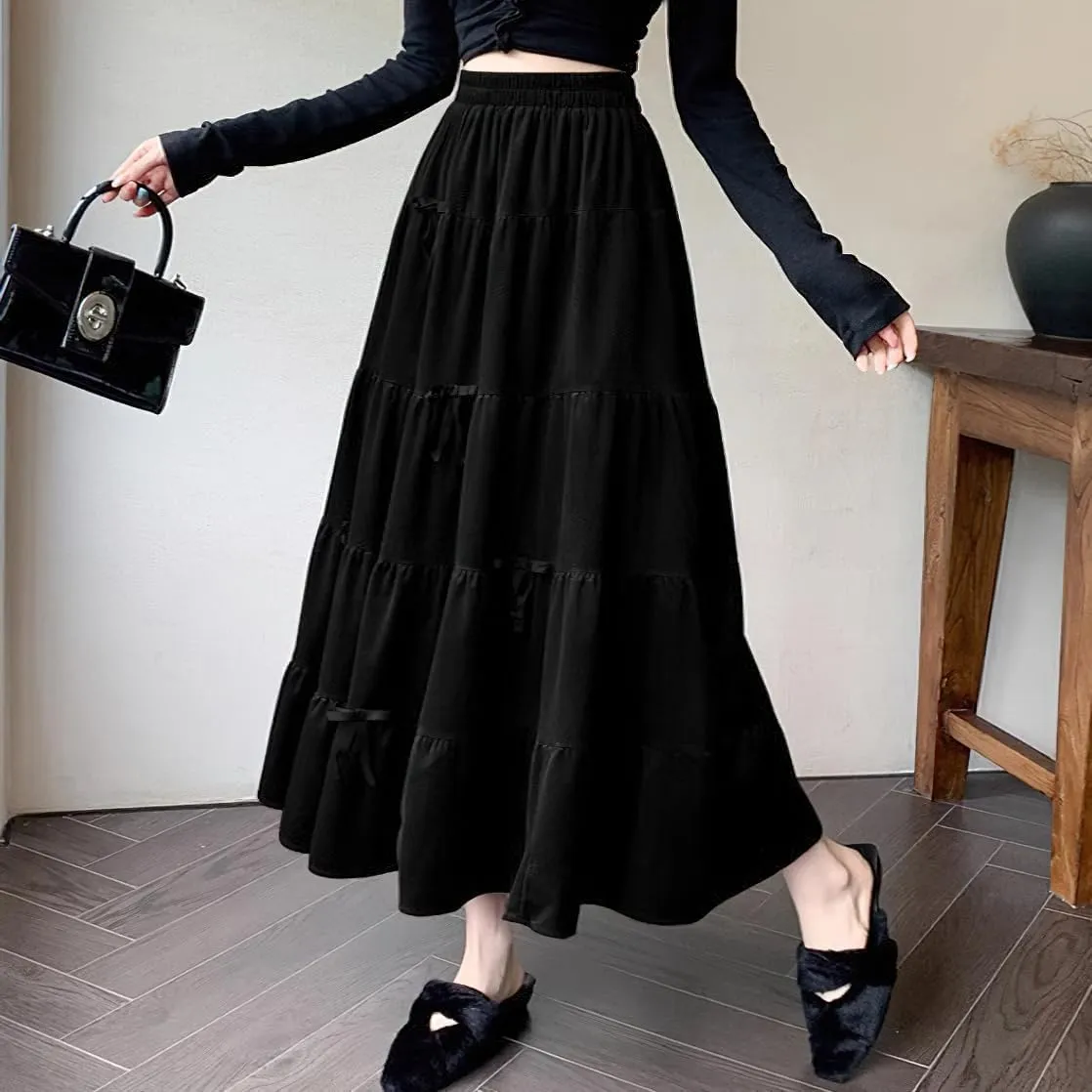 chouyatou Womens Elastic High Waist Velvet Skirt Cute Pleated A Line Flared Midi Tiered Skirt with Bowknot