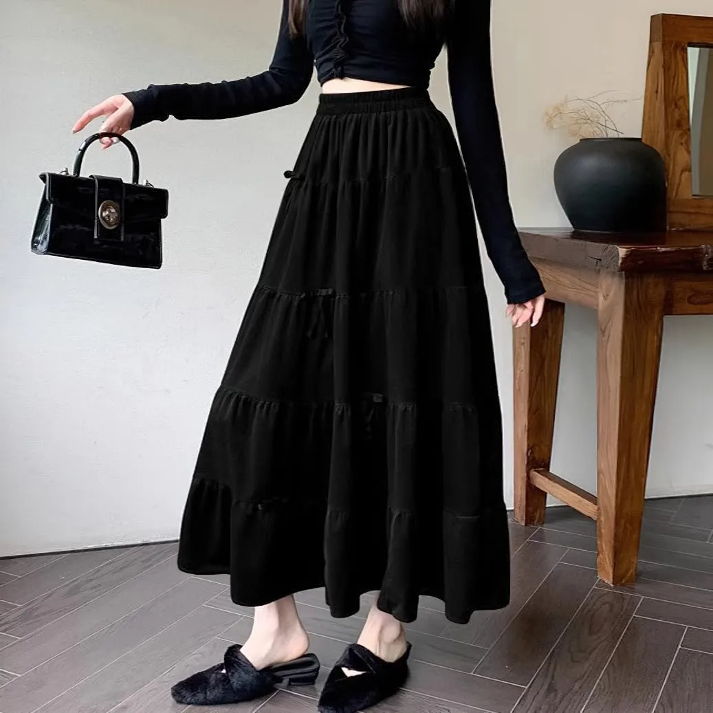 chouyatou Womens Elastic High Waist Velvet Skirt Cute Pleated A Line Flared Midi Tiered Skirt with Bowknot