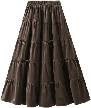 chouyatou Womens Elastic High Waist Velvet Skirt Cute Pleated A Line Flared Midi Tiered Skirt with Bowknot