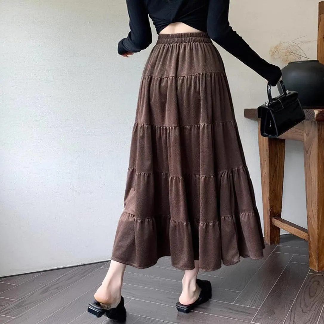 chouyatou Womens Elastic High Waist Velvet Skirt Cute Pleated A Line Flared Midi Tiered Skirt with Bowknot