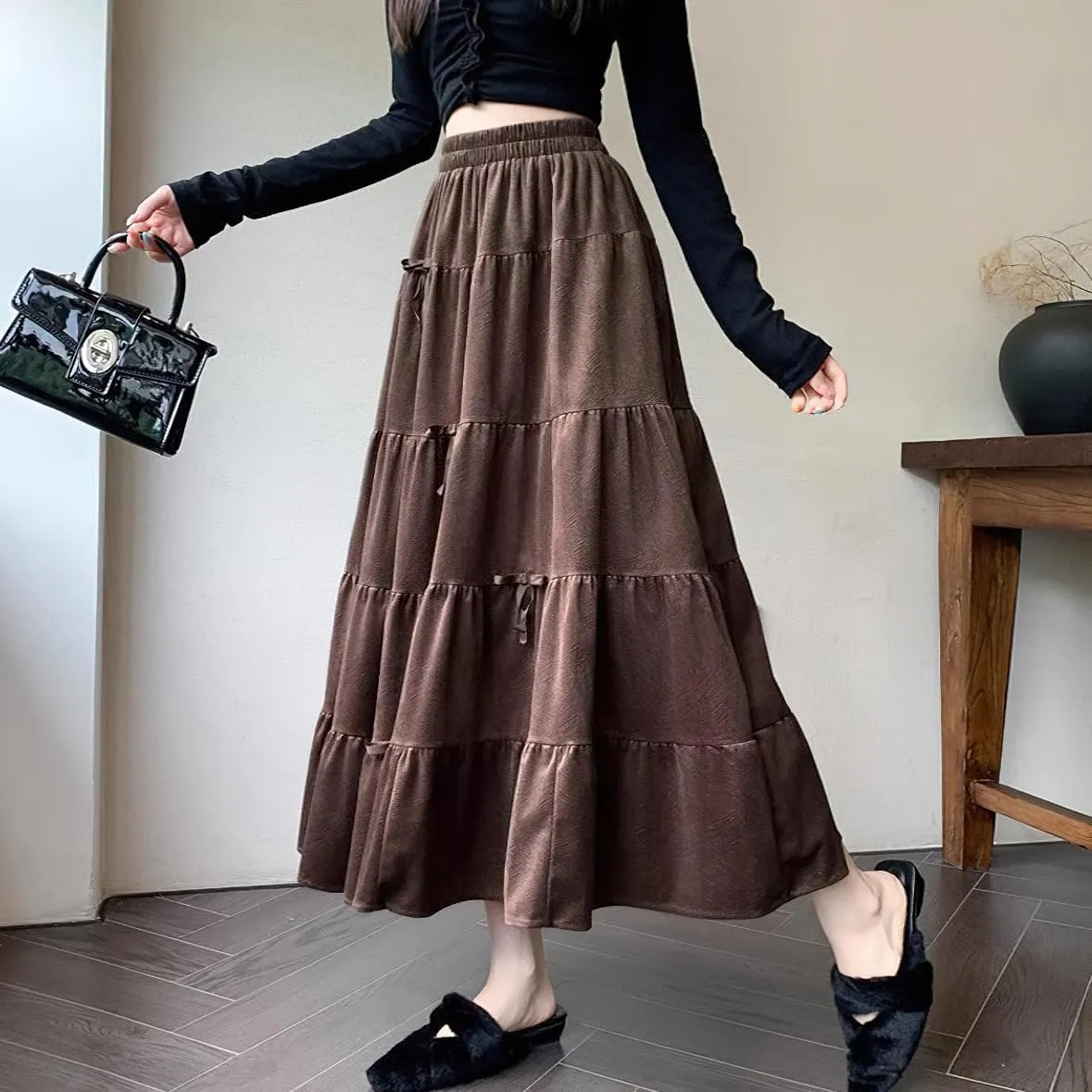chouyatou Womens Elastic High Waist Velvet Skirt Cute Pleated A Line Flared Midi Tiered Skirt with Bowknot