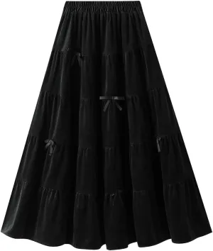 chouyatou Womens Elastic High Waist Velvet Skirt Cute Pleated A Line Flared Midi Tiered Skirt with Bowknot